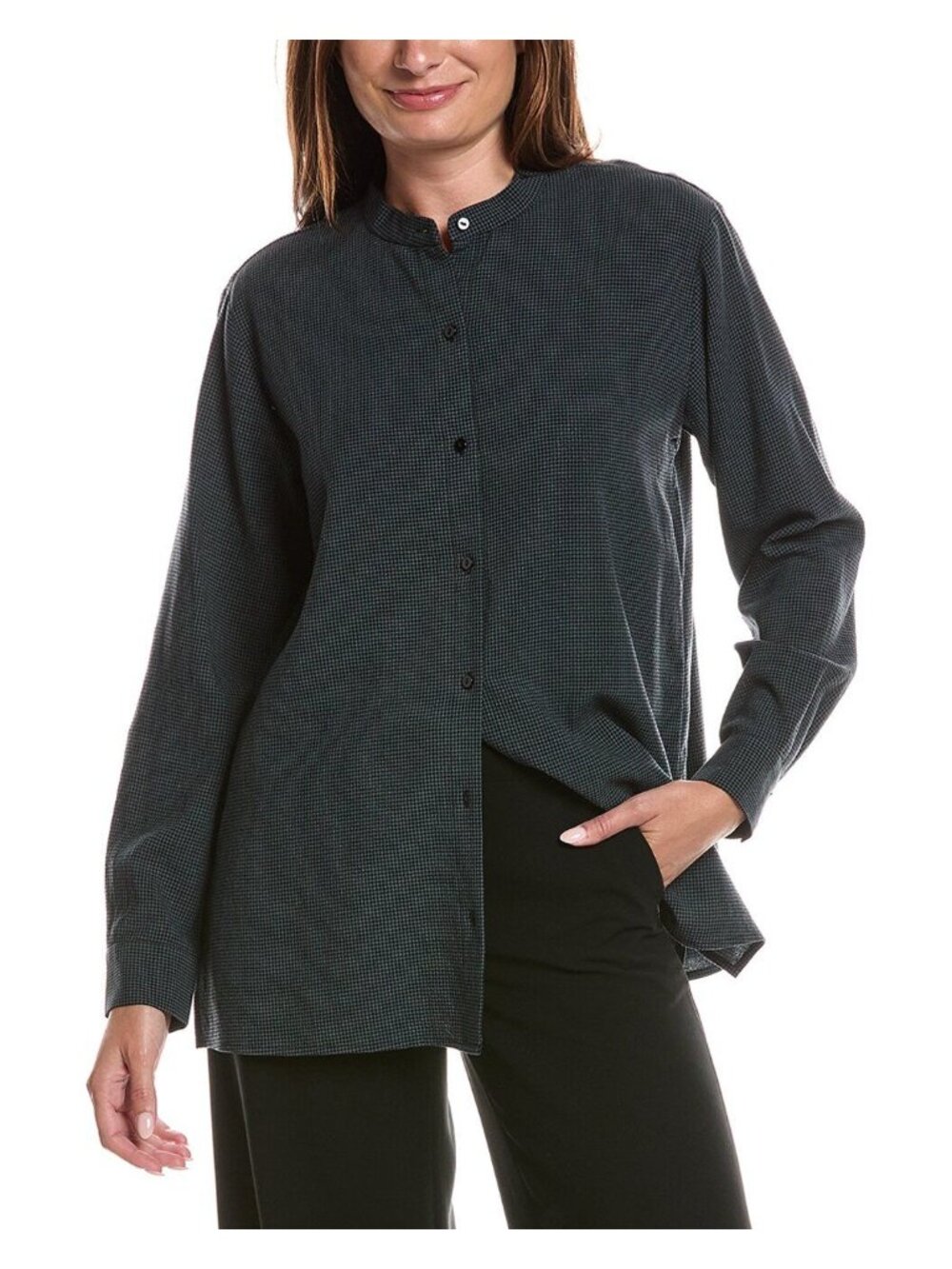 Eileen Fisher Mandarin Collar Shirt, Black/Gray, Size PM